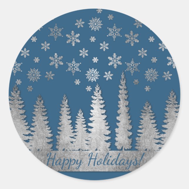 Holiday Silver and Blue Winter Wonderland Classic Round Sticker (Front)
