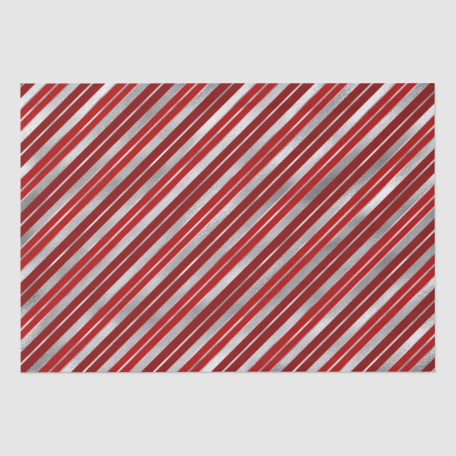 Holiday Silver Foil and Red Christmas Stripes Tissue Paper (Front)