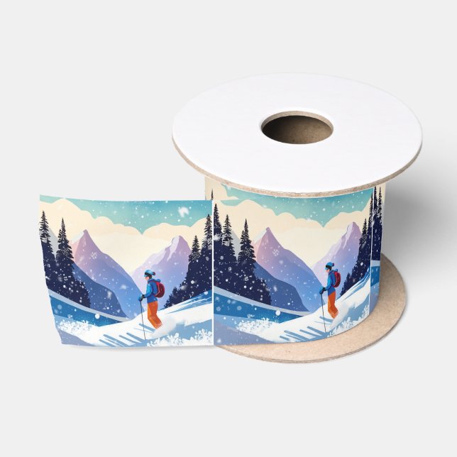 Holiday Skier On Mountain Satin Ribbon (Spool)