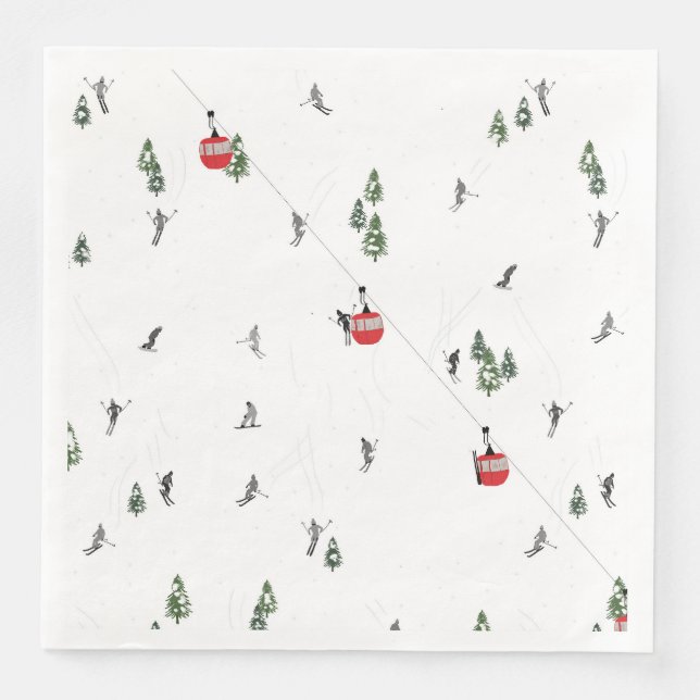Holiday Skiing Red Ski Lift Illustration Napkin (Front)