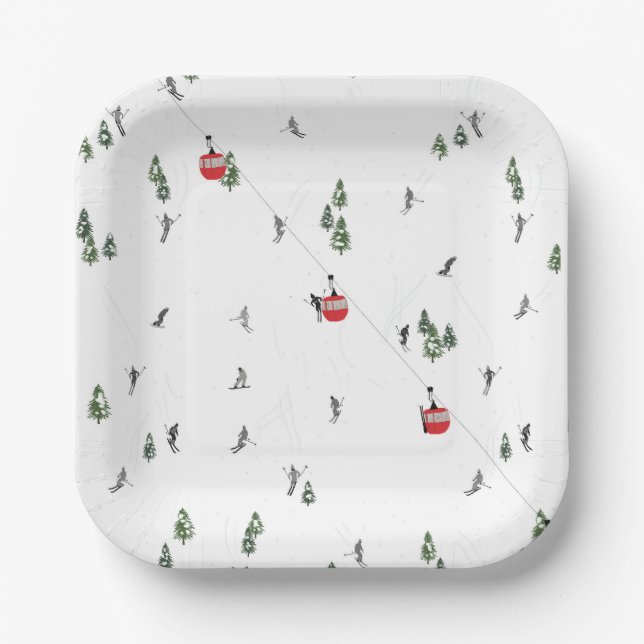 Holiday Skiing Red Ski Lift Illustration Paper Plate (Front)