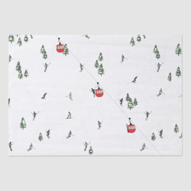 Holiday Skiing Red Ski Lift Illustration Tissue Paper (Front)