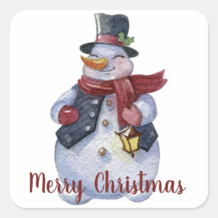 Holiday Smiling Snowman Customizable Square Sticker