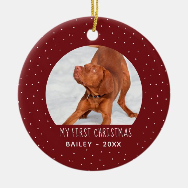 Holiday Snow My First Christmas Pet Red Ceramic Ornament (Front)