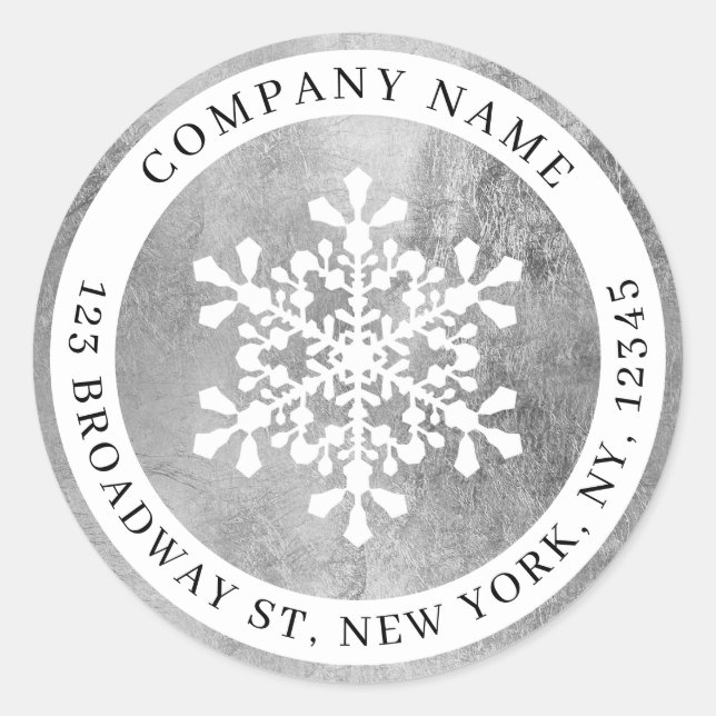 Holiday snowflake silver company return address classic round sticker (Front)