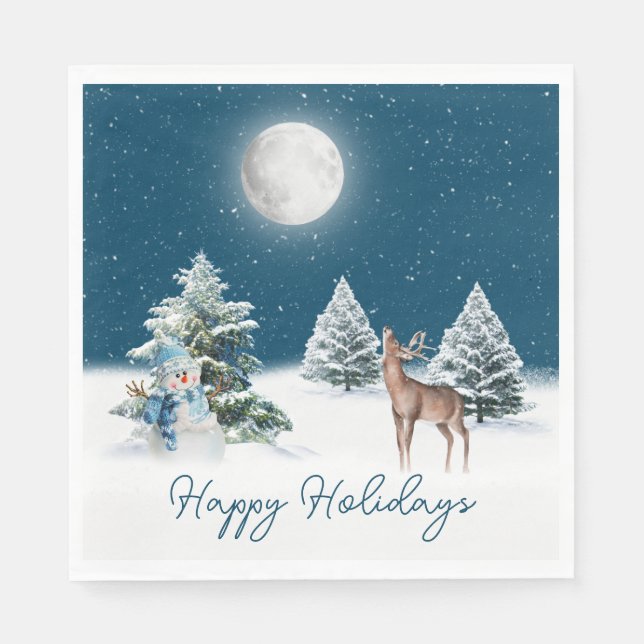 Holiday Snowman and Deer In Snowflakes  Napkin (Front)