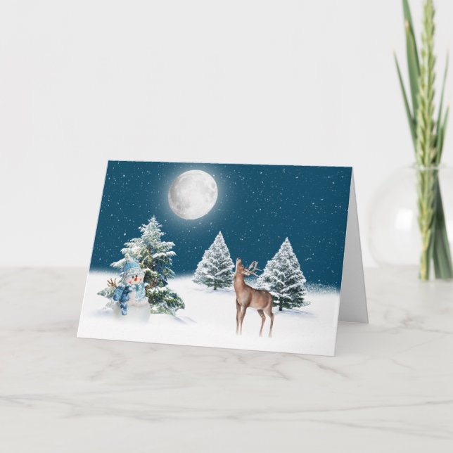Holiday Snowman and Deer In Winter Moonlight Card (Front)