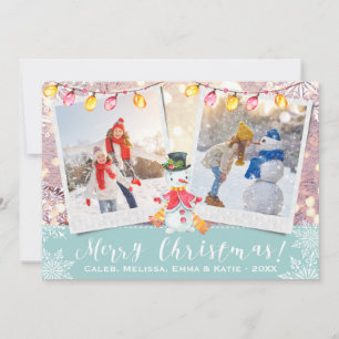 Holiday Snowman Custom 2-Photo   Ice Blue & White Card