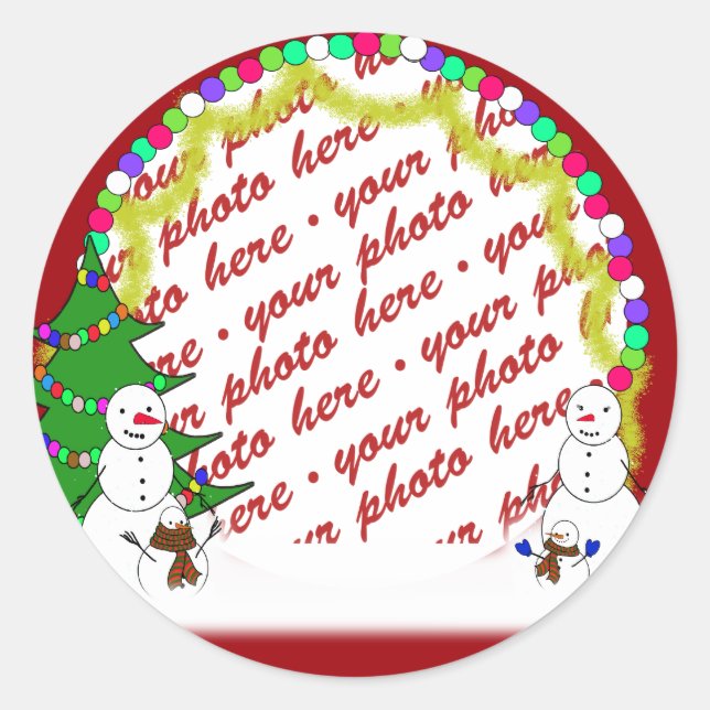 Holiday Snowman Family Photo Frame Classic Round Sticker (Front)