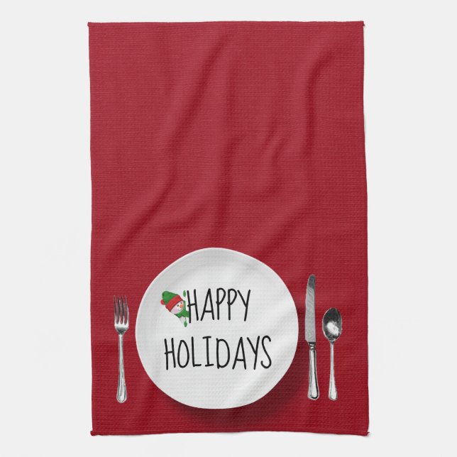 Holiday Snowman On White Plate Kitchen Towel (Vertical)