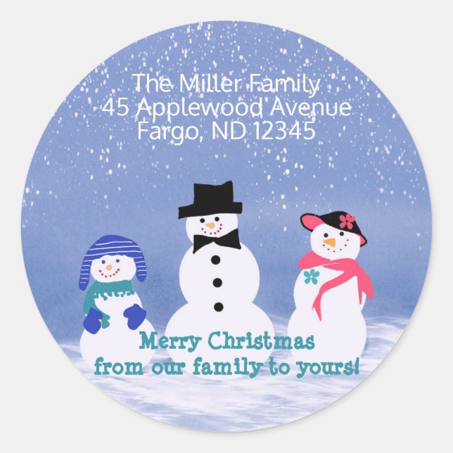 Holiday Snowman Return Address Classic Round Sticker (Front)