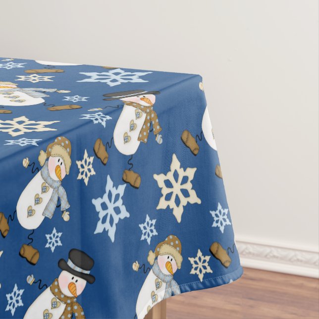 Holiday Snowman Snowflake Blue Tablecloth (In Situ)