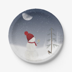 Holiday Snowman with gold star Paper Plate