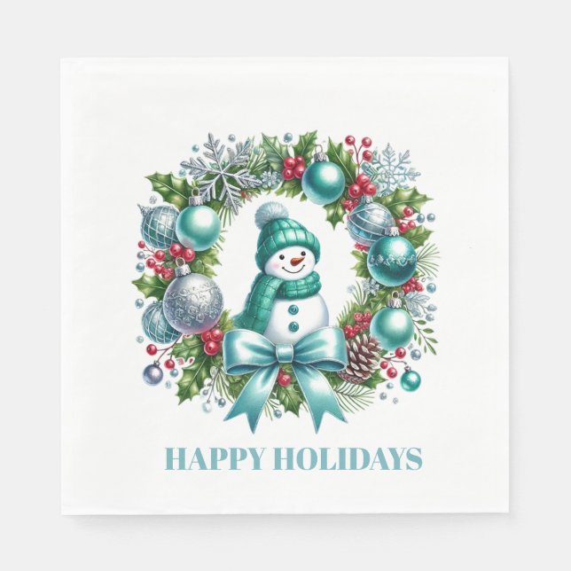 Holiday Snowman Wreath Paper Napkins  (Front)