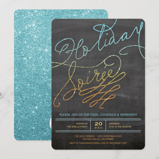 Holiday Soiree Glitter Chalkboard Party Invite (Front/Back)