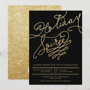 Holiday Soiree Gold Glitter Script Classy Party Invitation