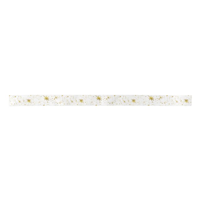 Holiday Sparkle - White and Gold Christmas Star Satin Ribbon (Front)