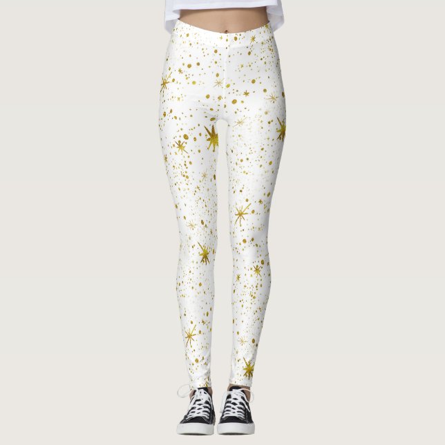 Holiday Sparkle - White and Gold Christmas Stars Leggings (Front)