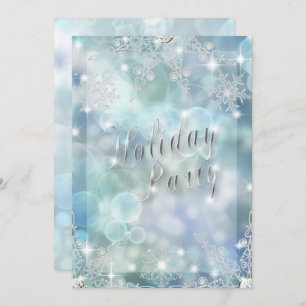 Holiday Sparkling Glitzy Snowflake Ice Blue Bokeh Invitation