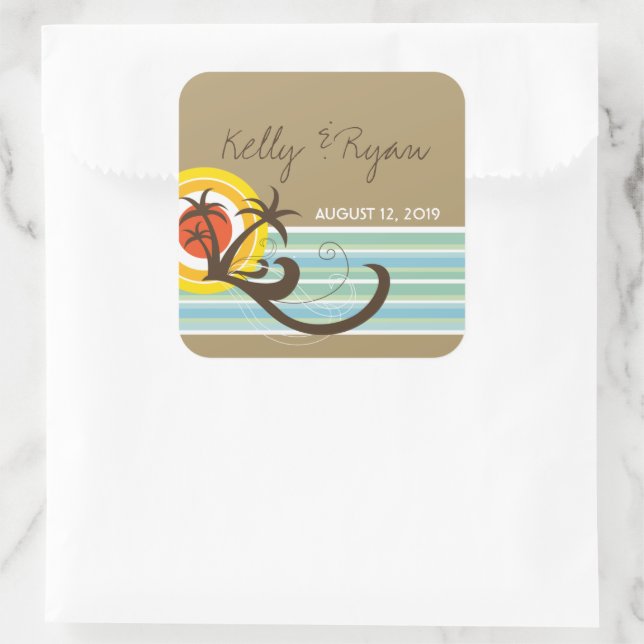 Holiday Sunset Tropical Palm Trees Beach Wedding Square Sticker (Bag)