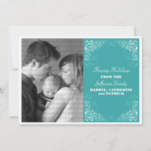 Holiday Swirls Photo Flat Card, Aqua Card