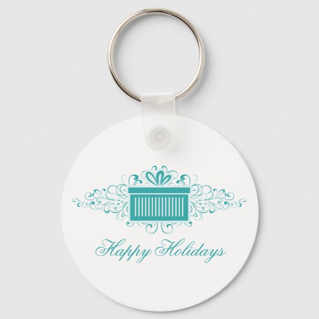 Holiday Swirls Present Keychain, Aqua Keychain (Front)