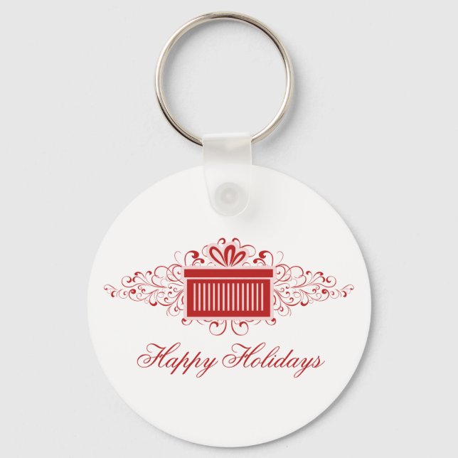 Holiday Swirls Present Keychain, Red Keychain (Front)