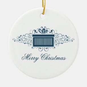 Holiday Swirls Present Ornament, Blue Ceramic Ornament