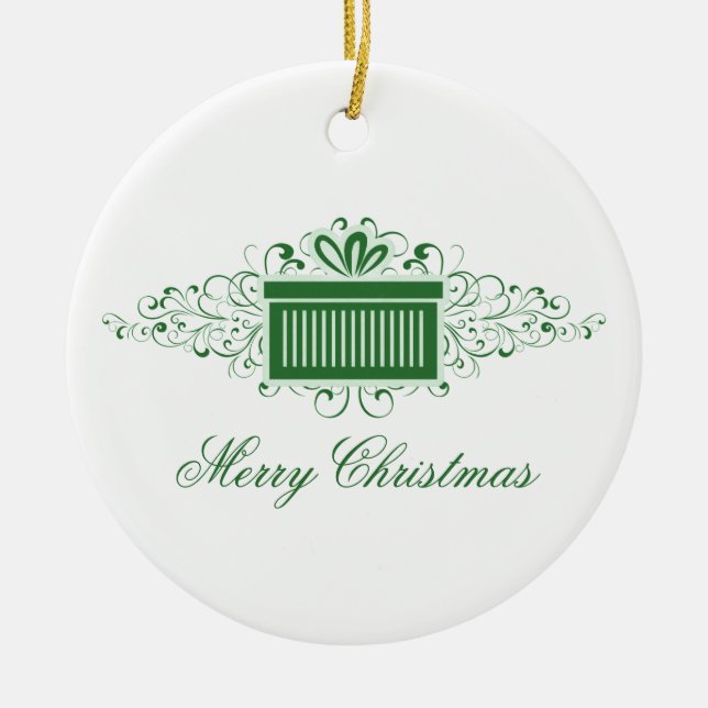 Holiday Swirls Present Ornament, Green Ceramic Ornament (Front)