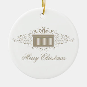 Holiday Swirls Present Ornament, Latte Ceramic Ornament