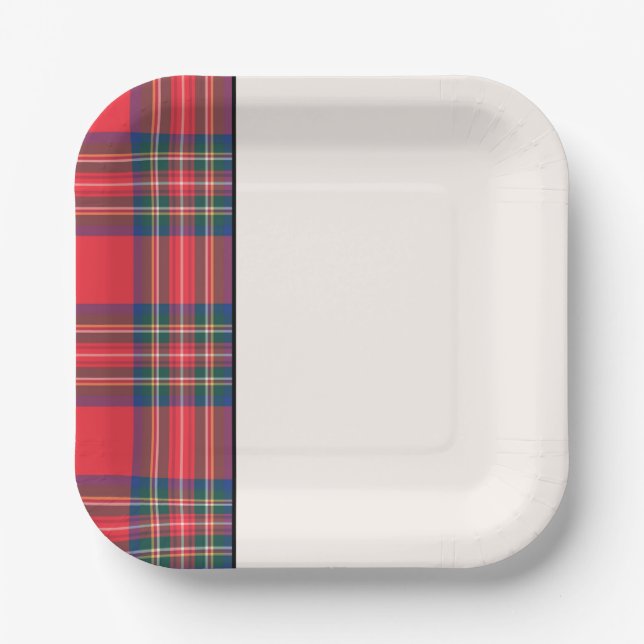 Holiday Tartan Plaid Festive Two Tone Red Black Paper Plate (Front)