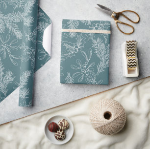 Holiday Teal Floral Pattern Holly Mistletoe Fir Wrapping Paper