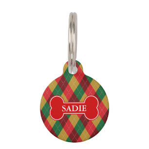 Holiday Theme Argyle Pattern & Bone And Pet's Info Pet Tag