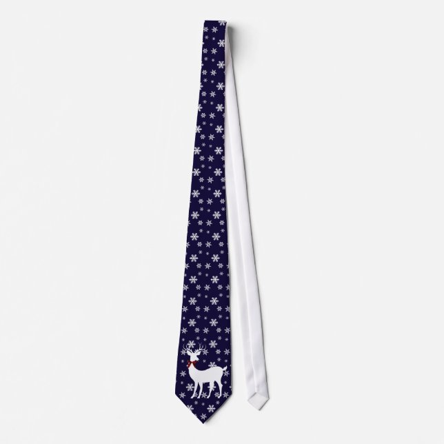 Holiday Tie, White Reindeer on Navy w/ Snowflakes Tie (Front)