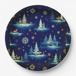 Holiday Toile, Trees Deer and Snowflakes Paper Plate