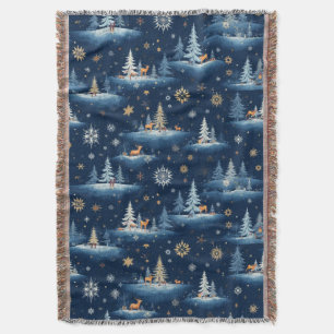 Holiday Toile, Trees Deer and Snowflakes Throw Blanket