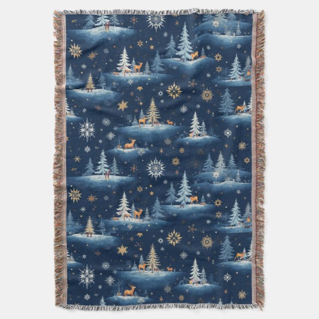 Holiday Toile, Trees Deer and Snowflakes  Throw Blanket (Front Vertical)