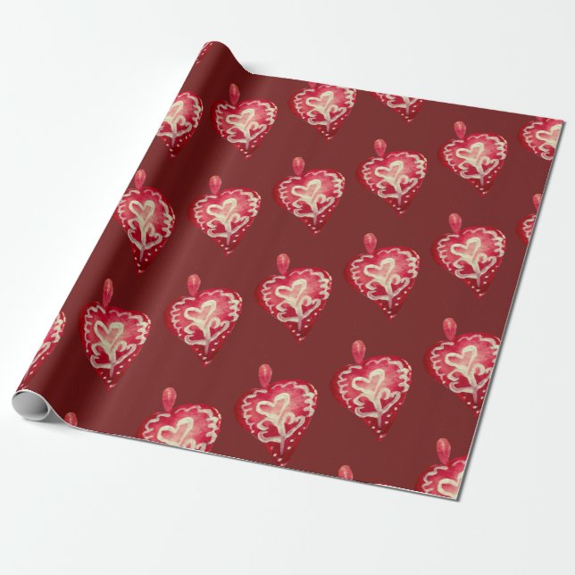 Holiday Toys Red Heart Wrapping Paper (Unrolled)