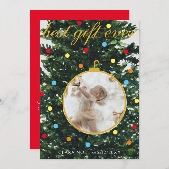 Holiday Tree and Ornament Birth Announcement (Front/Back)