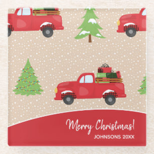 Holiday Tree Vintage Truck Merry Christmas Kitchen Glass Coaster