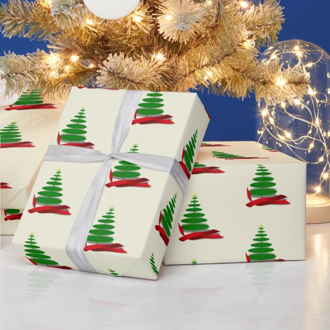 Holiday Tree with Red Ribbon Christmas Wrapping Paper (Holidays)