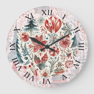 Holiday Trees, Winter holiday whimsical design. Large Clock