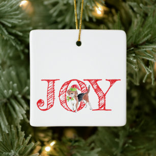 holiday typography JOY christmas dog festive Ceramic Ornament