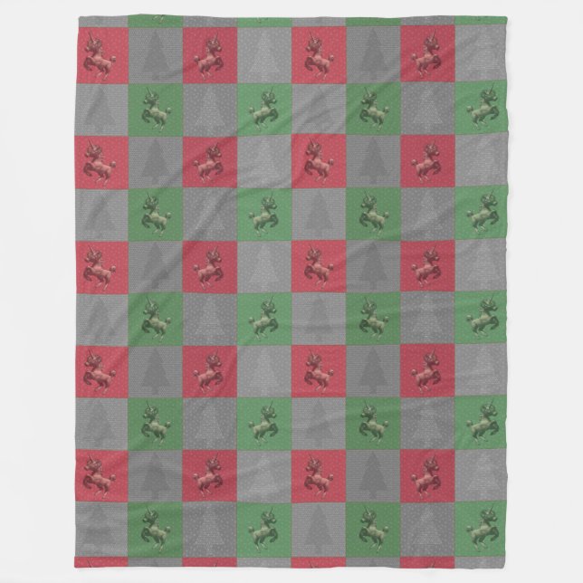 "Holiday Unicorn" Pattern Fleece Blanket (R/G) (Front)