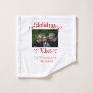 Holiday Vibes red family photo name candy Christma Wash Cloth