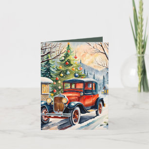 Holiday Vintage Car Watercolor & Recipe Christmas Card