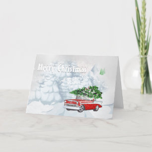 Holiday vintage car with snow Christmas trees cute