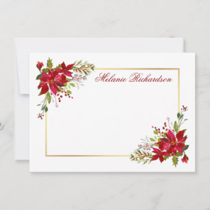 Holiday Watercolor Floral Poinsettia Red Gold Card