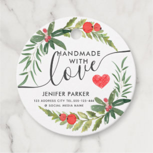 Holiday watercolor holly wreath handmade with love favour tags