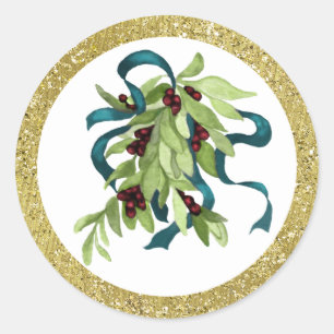 Holiday Watercolor Mistletoe Red Berries Teal Blue Classic Round Sticker